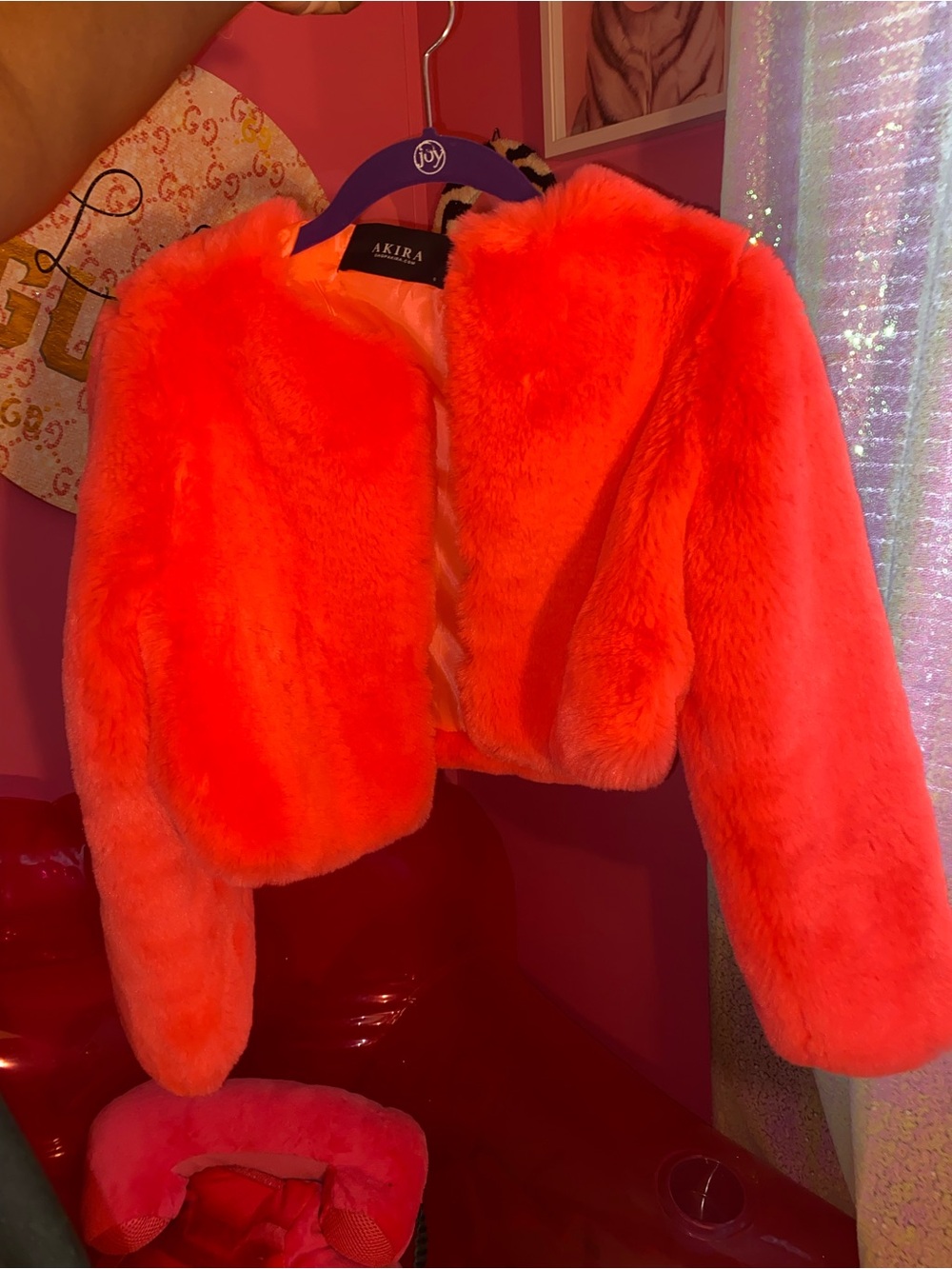 AKIRA Neon pink Faux Fur Cropped Jacket